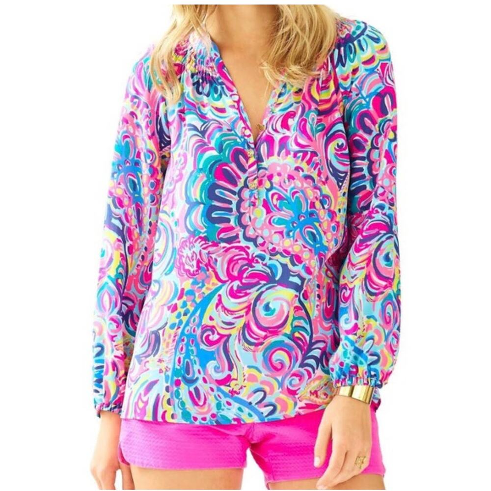 Lilly Pulitzer Elsa Silk Top Psychedelic Sunshine Print V Neck Gold Buttons XXS